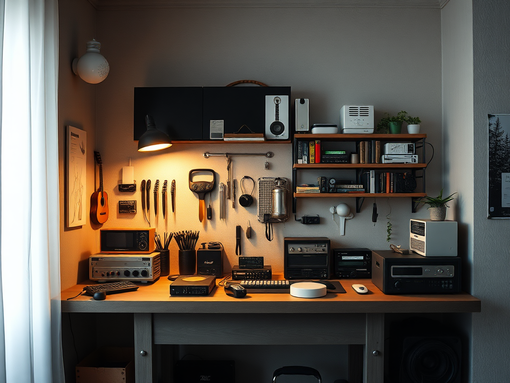 Уютный рабочий уголок с музыкальными и бытовыми устройствами на столе и полках. Теплый свет создает атмосферу.