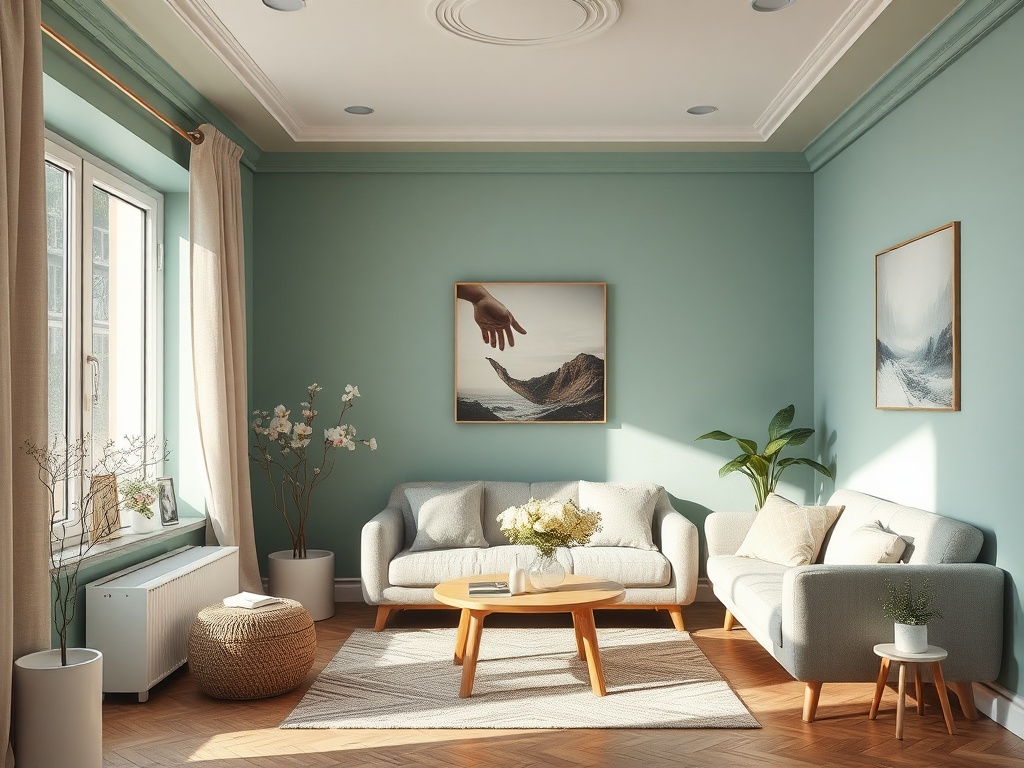 Современная гостиная с зелеными стенами, мягкой мебелью и художественными картинами на стенах.