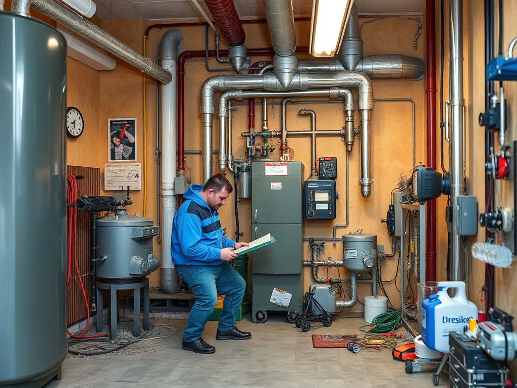 Мужчина в синем свитере изучает документы среди труб и оборудования в техническом помещении.