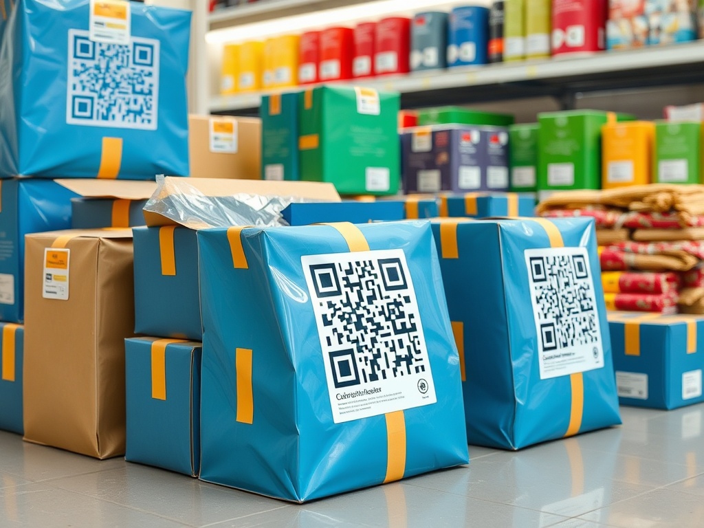 На изображении упаковки с QR-кодами на фоне ярких товаров в магазине.