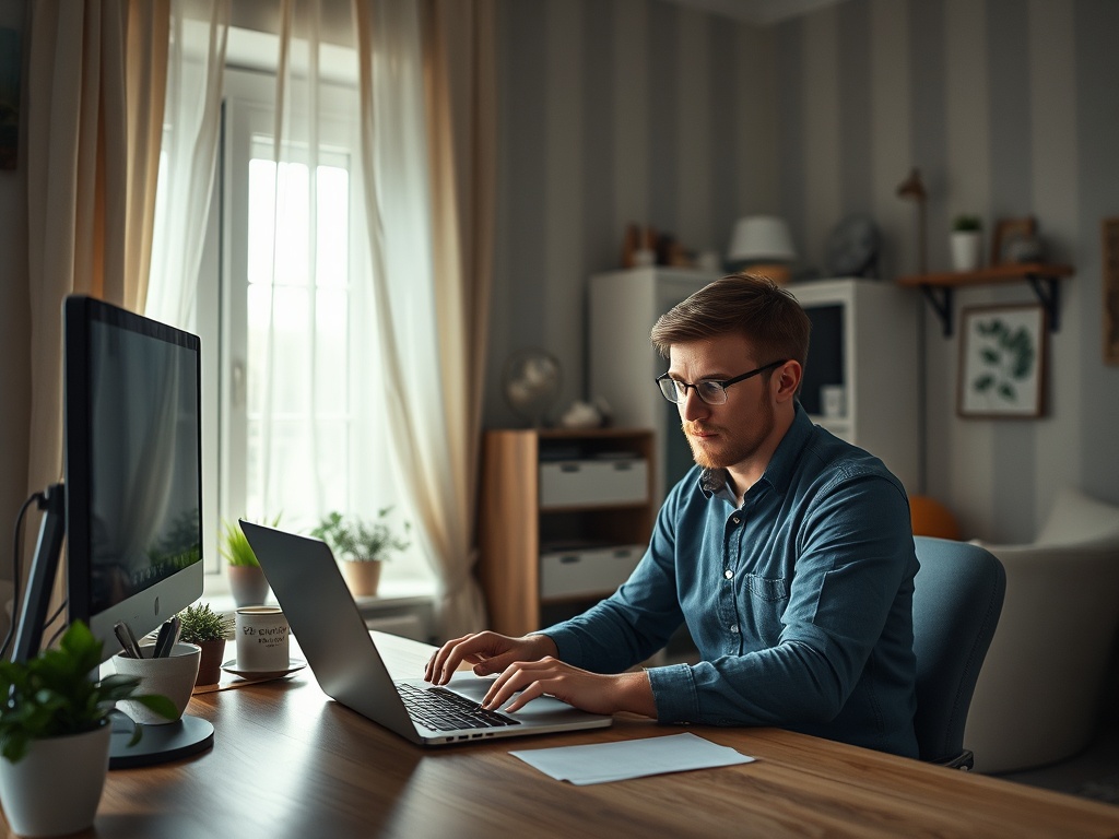 Молодой человек работает за ноутбуком в уютном офисе с растениями и светлыми шторами на окне.