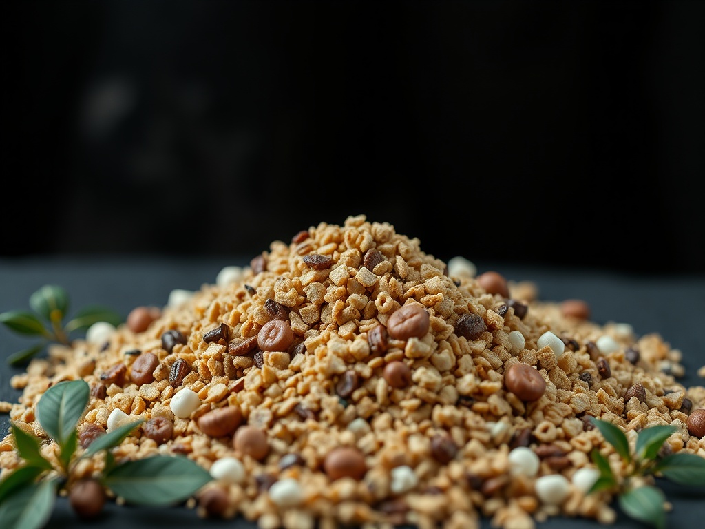 Кучка разноцветных круп, окруженная зелеными листьями на фоне черного.