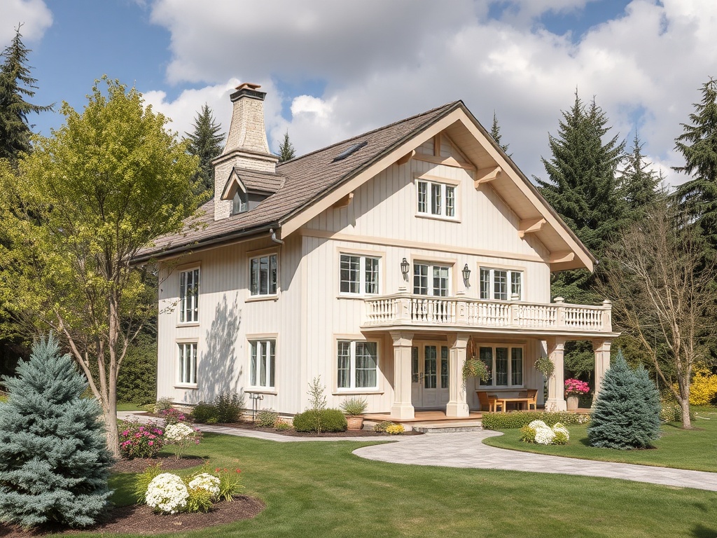 Современный загородный дом с балконом, окруженный зеленым садом и цветами на фоне ясного неба.