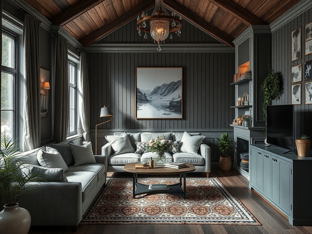 Уютная гостиная с серыми диванами, деревянным потолком и большим окном, украшенная картинами и растениями.