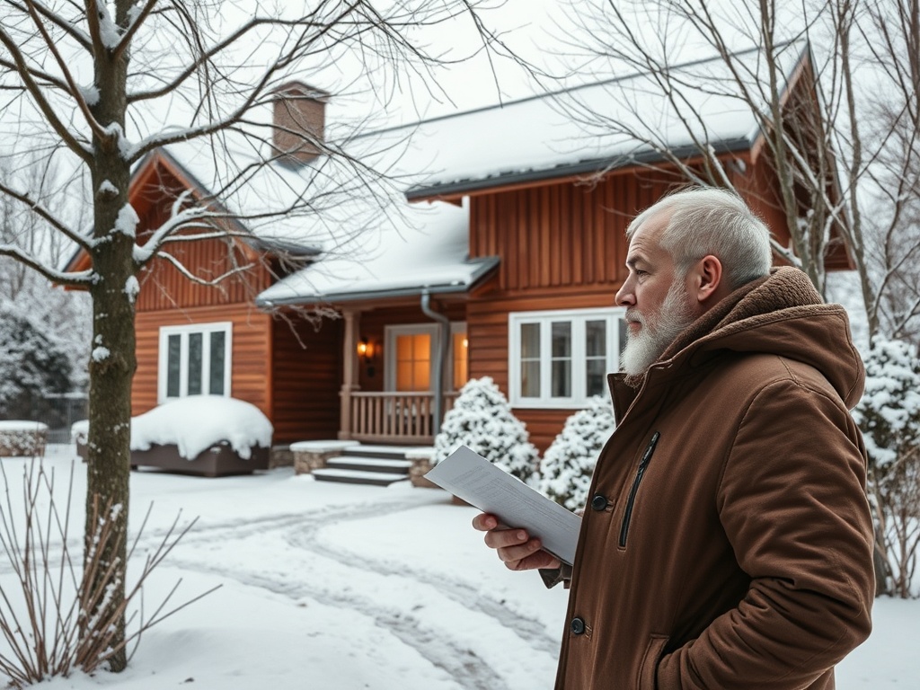 Пожилой мужчина в зимней одежде стоит перед домом, держа в руках бумагу на фоне зимнего пейзажа.