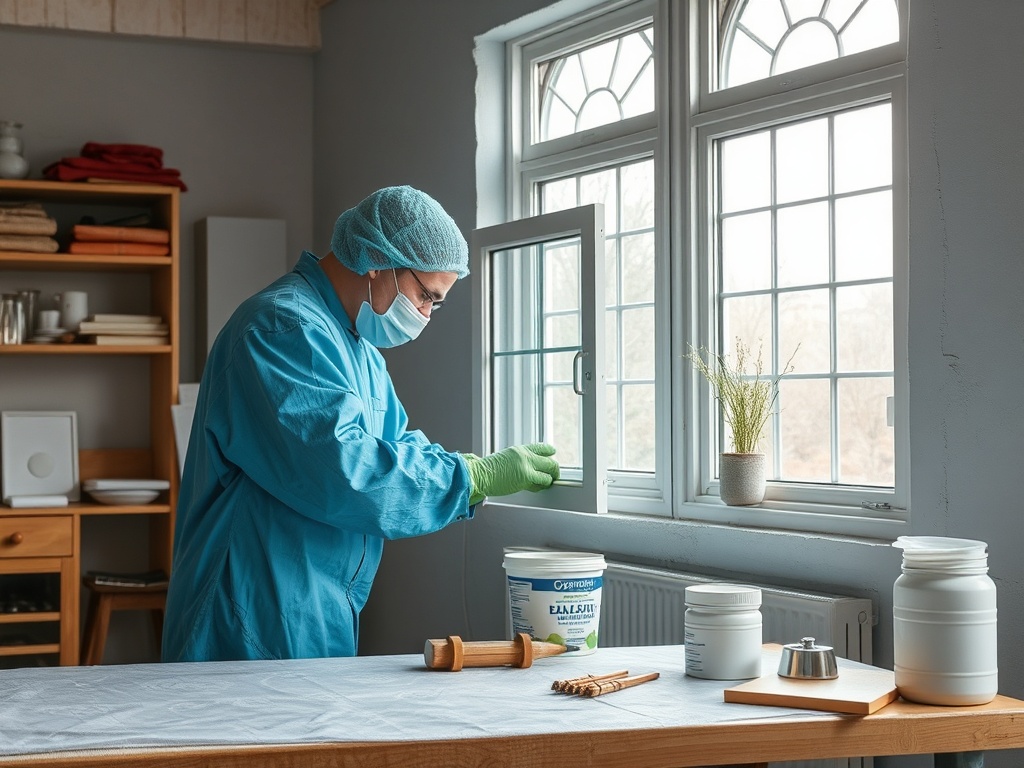 Мужчина в защитной одежде крадет окно в светлом помещении, рядом с банками с краской и растением в горшке.