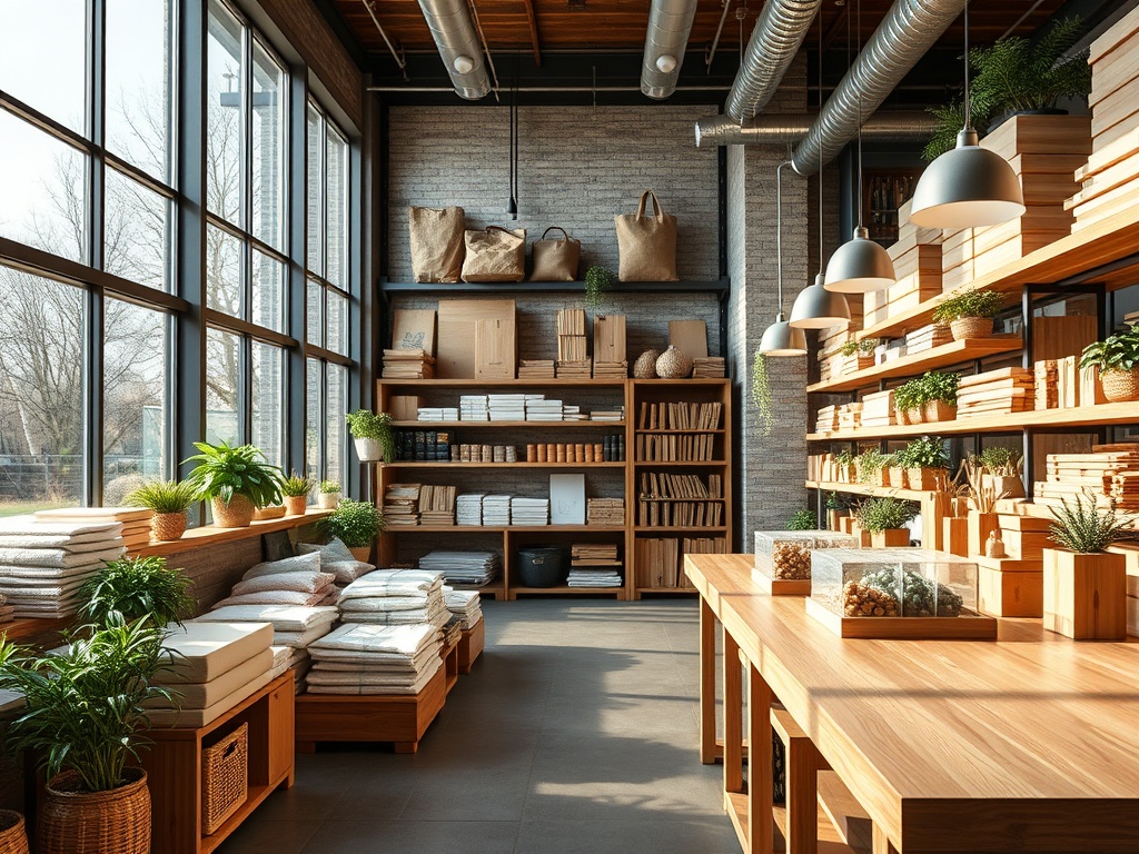 Светлое помещение с деревянными полками, наполненными текстильными изделиями и растениями, создает уютную атмосферу.