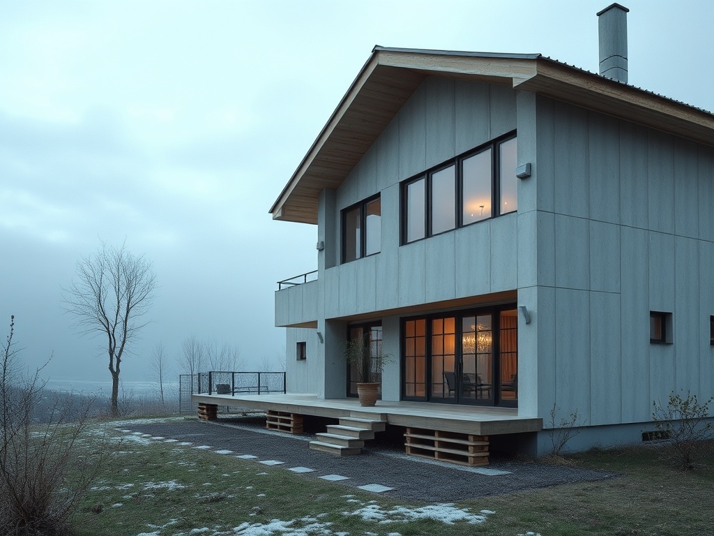 Современный дом с большими окнами, террасой и умеренной растительностью на фоне облачного неба.