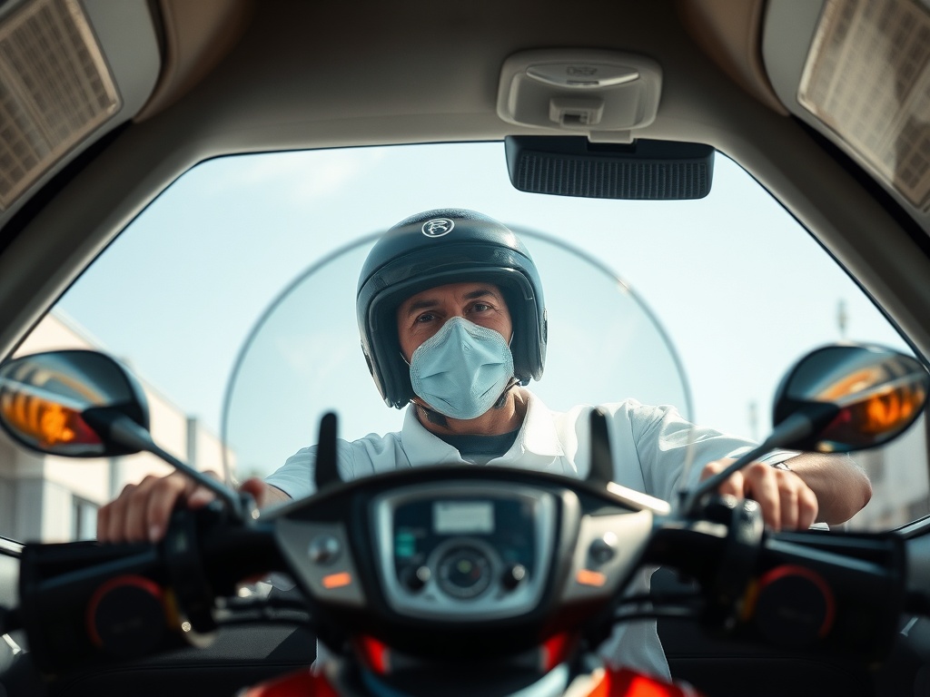 Человек в шлеме и маске сидит за рулем скутера, готовясь к поездке. Яркий солнечный день.