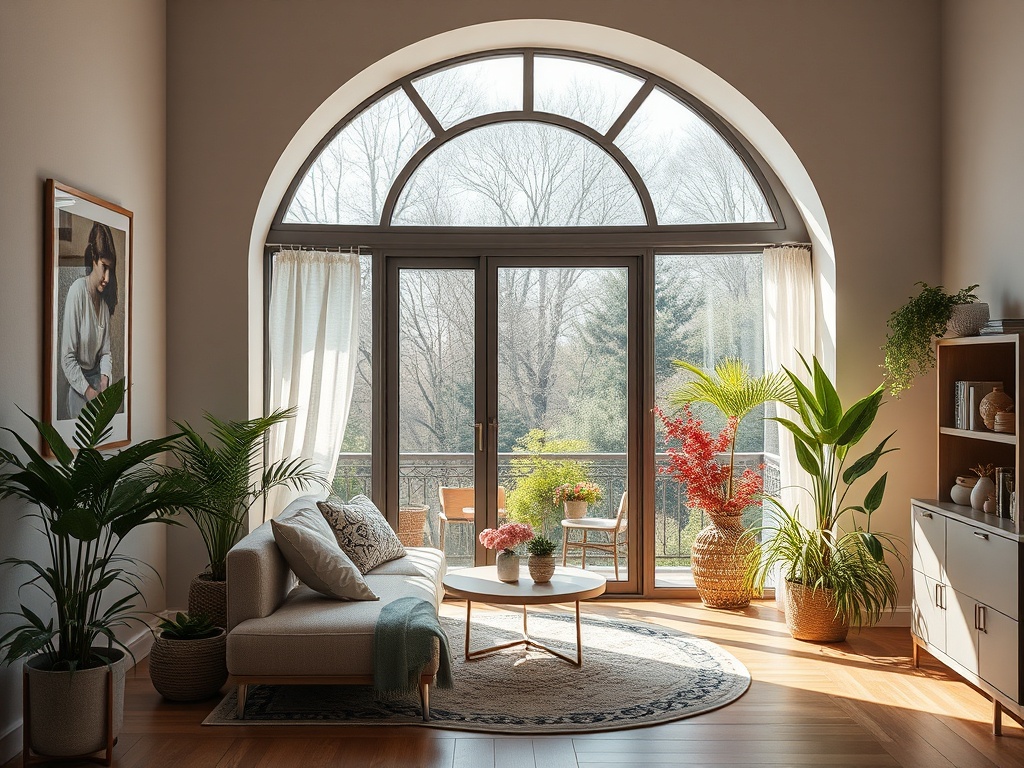 Светлое помещение с арочным окном, зелеными растениями и уютной мебелью, выходящим на балкон.