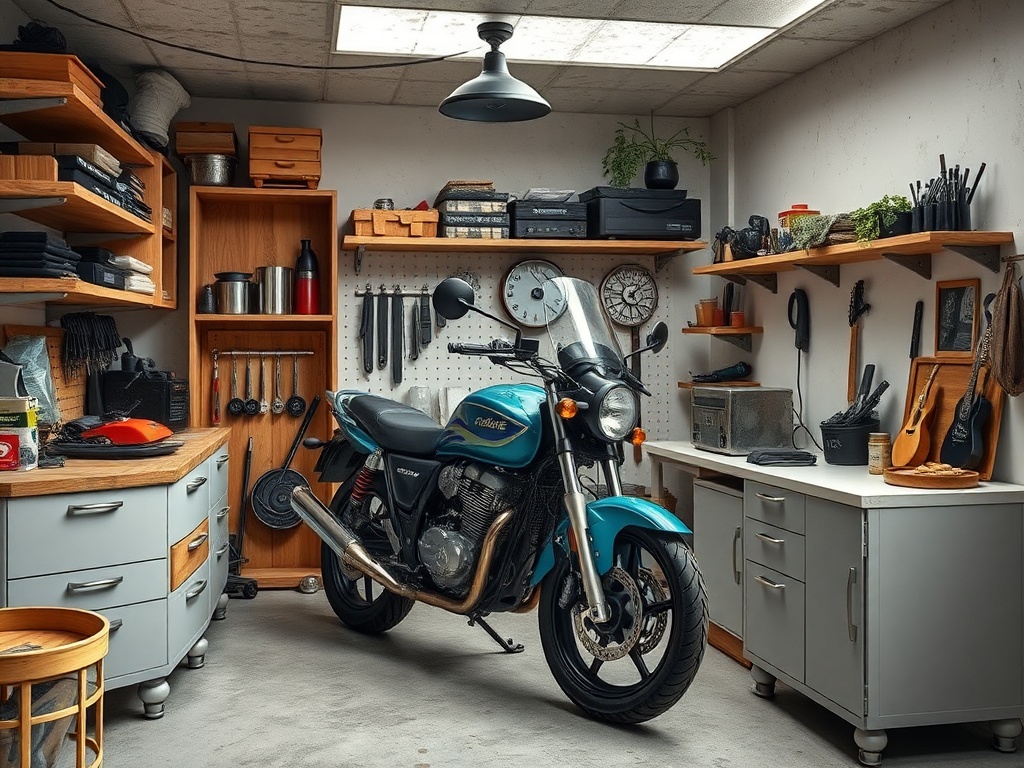 В мастерской стоит синяя мотоцикл, окружённый инструментами и полками с различными предметами.