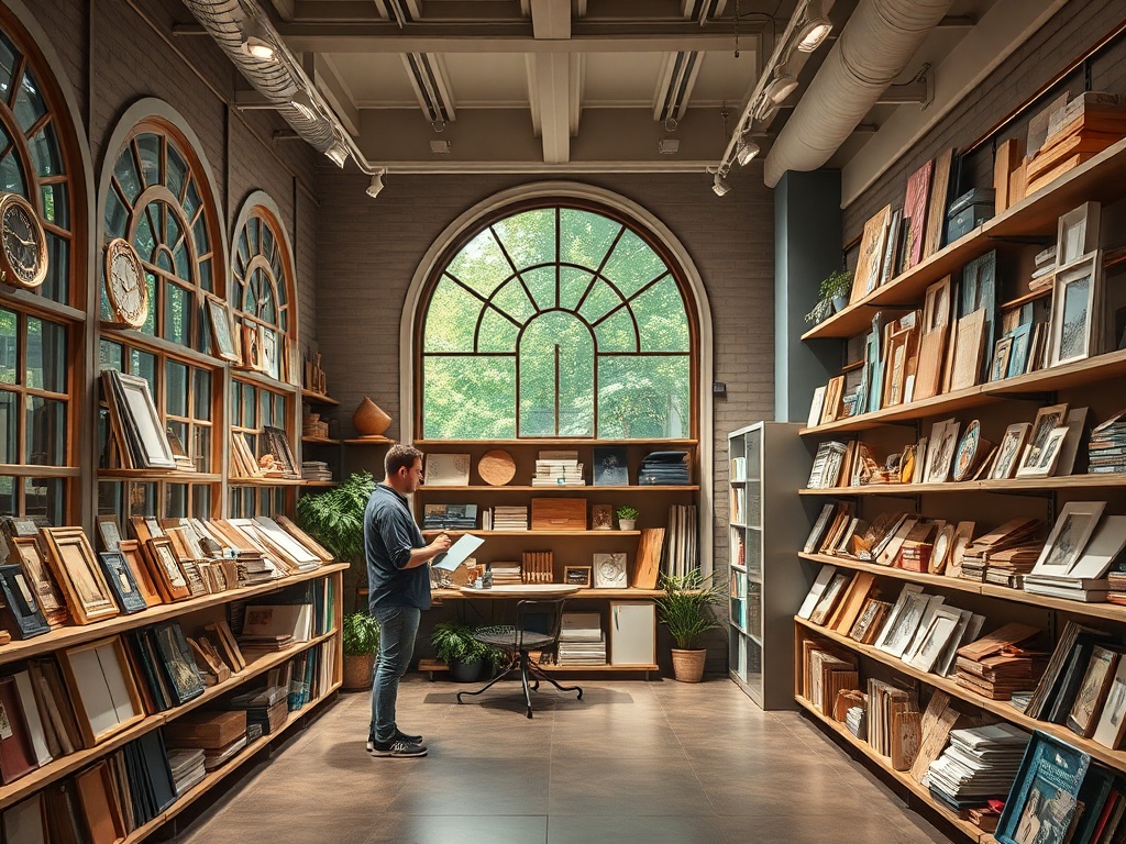 Человек стоит у книжной полки в просторном магазине, освещённом солнечным светом и окружённом растениями.