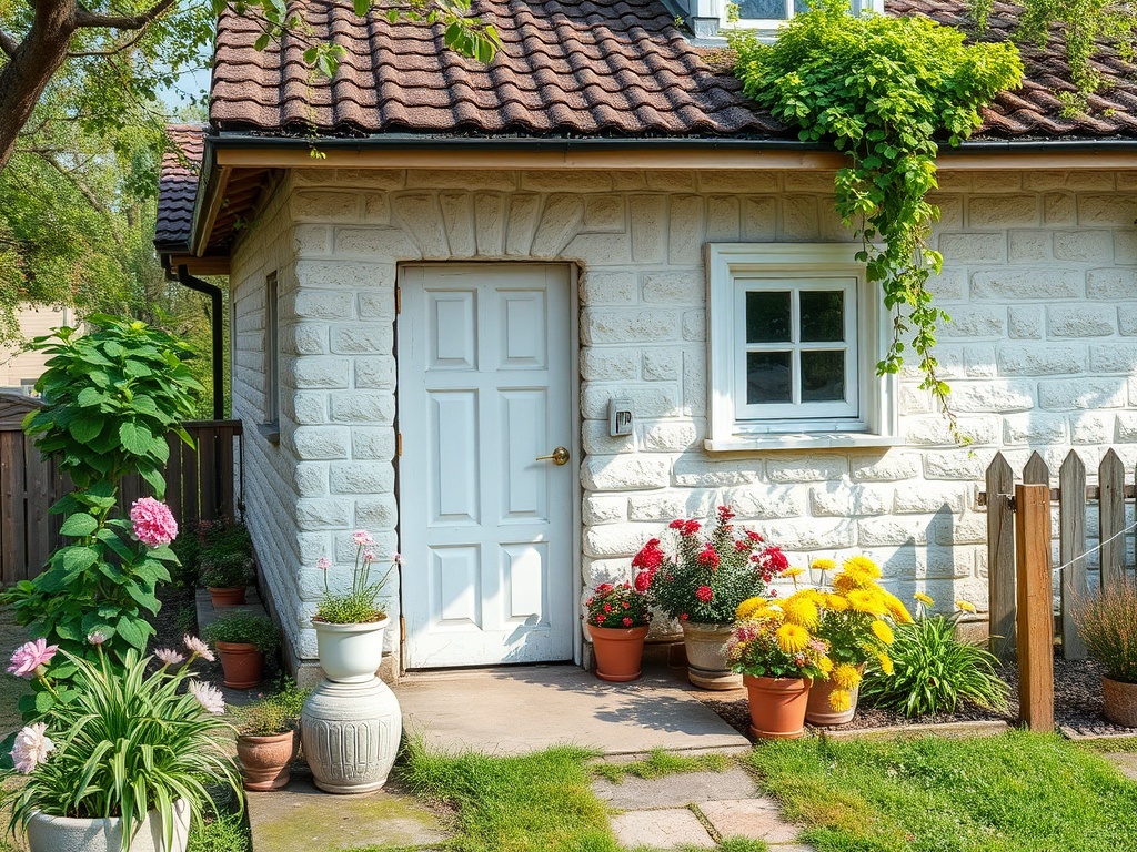 Светлый дом с белыми стенами, цветами у дверей и зелеными растениями вокруг в солнечный день.