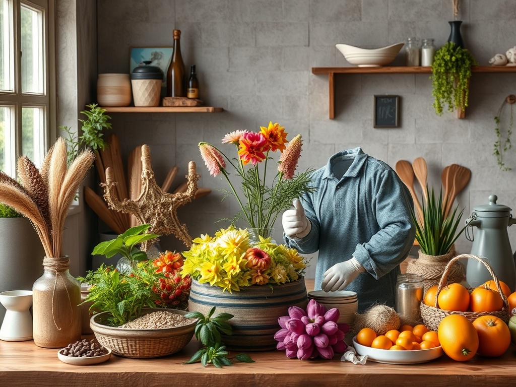 На столе с цветами и овощами, невидимая фигура ухаживает за растениями в уютной обстановке.