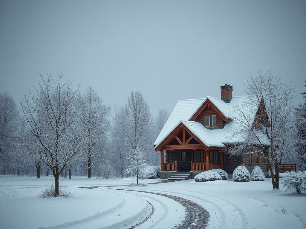 Деревянный дом в снегу, окружённый заснеженными деревьями и спокойной атмосферой зимнего утра.