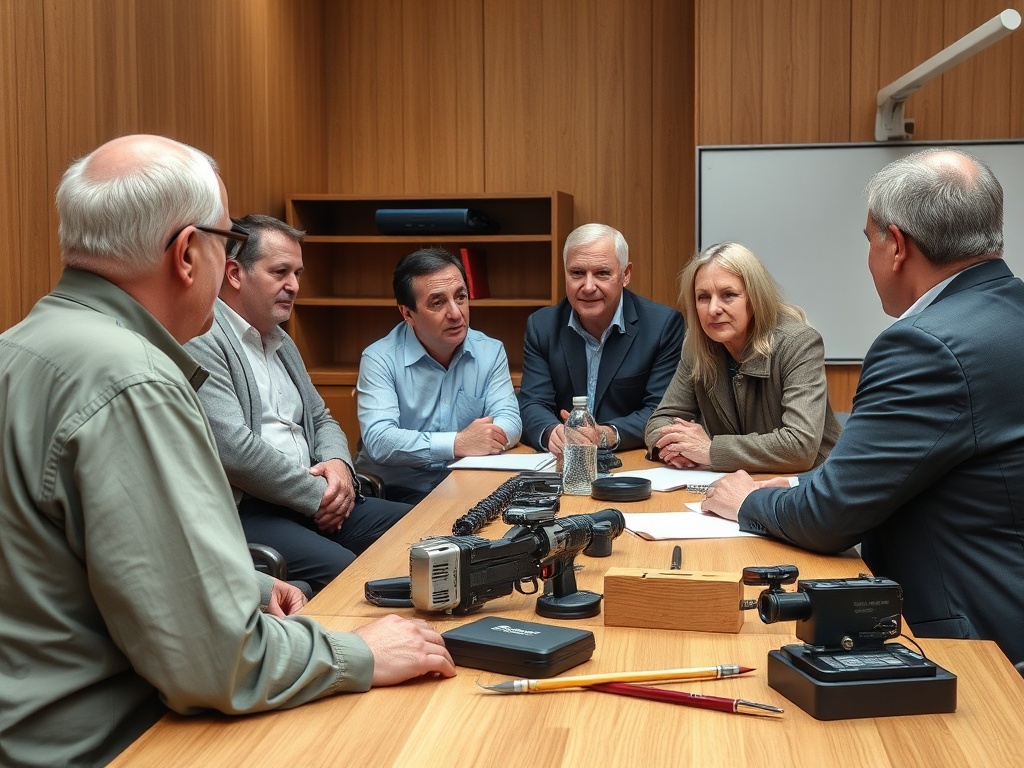 На встрече обсуждают проект. За столом шестеро человек, среди них три мужчины и три женщины.