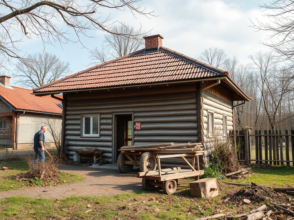 Деревянный домик с красной крышей, мужчина рядом, вокруг растительность и деревянные конструкции.