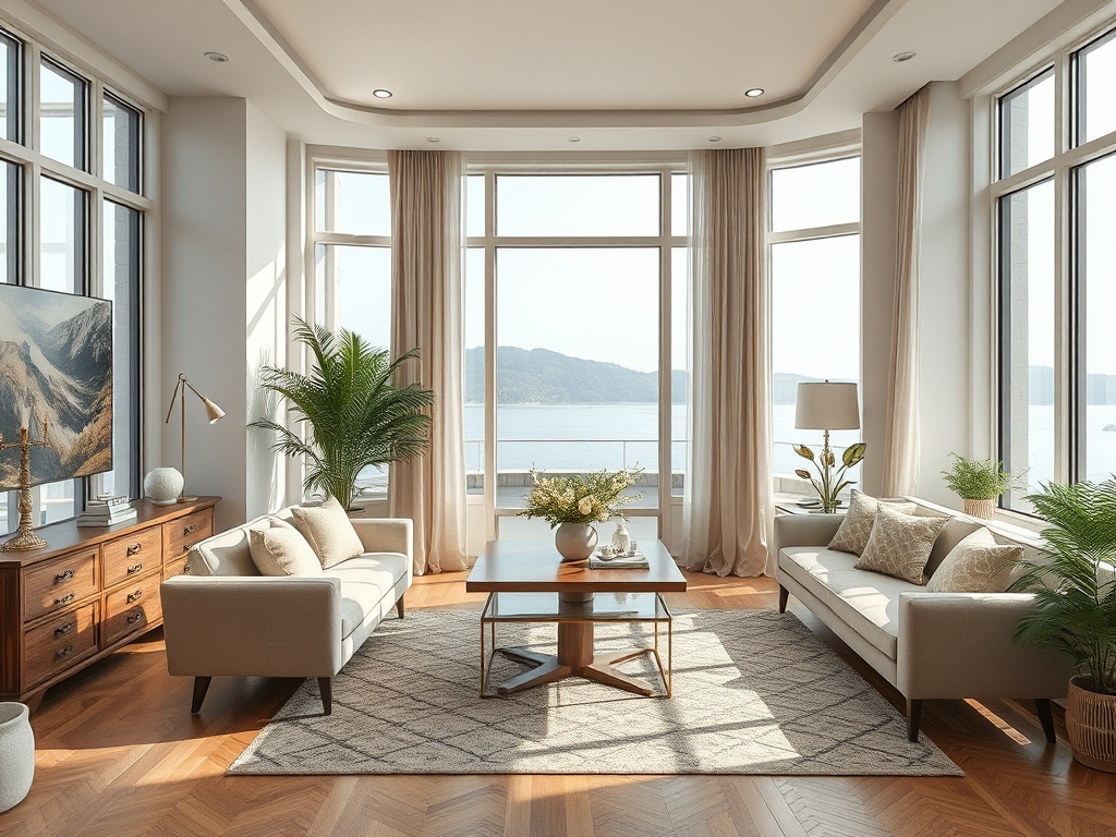 Современная гостиная с большими окнами, уютной мебелью и видом на водоем и природу.