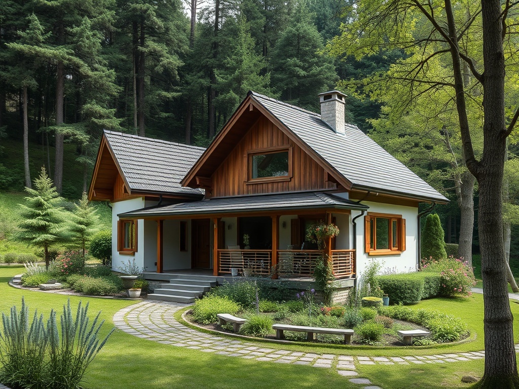 Красивая загородная вилла окружена зелеными деревьями и ухоженным садом. Спокойная и уютная атмосфера.