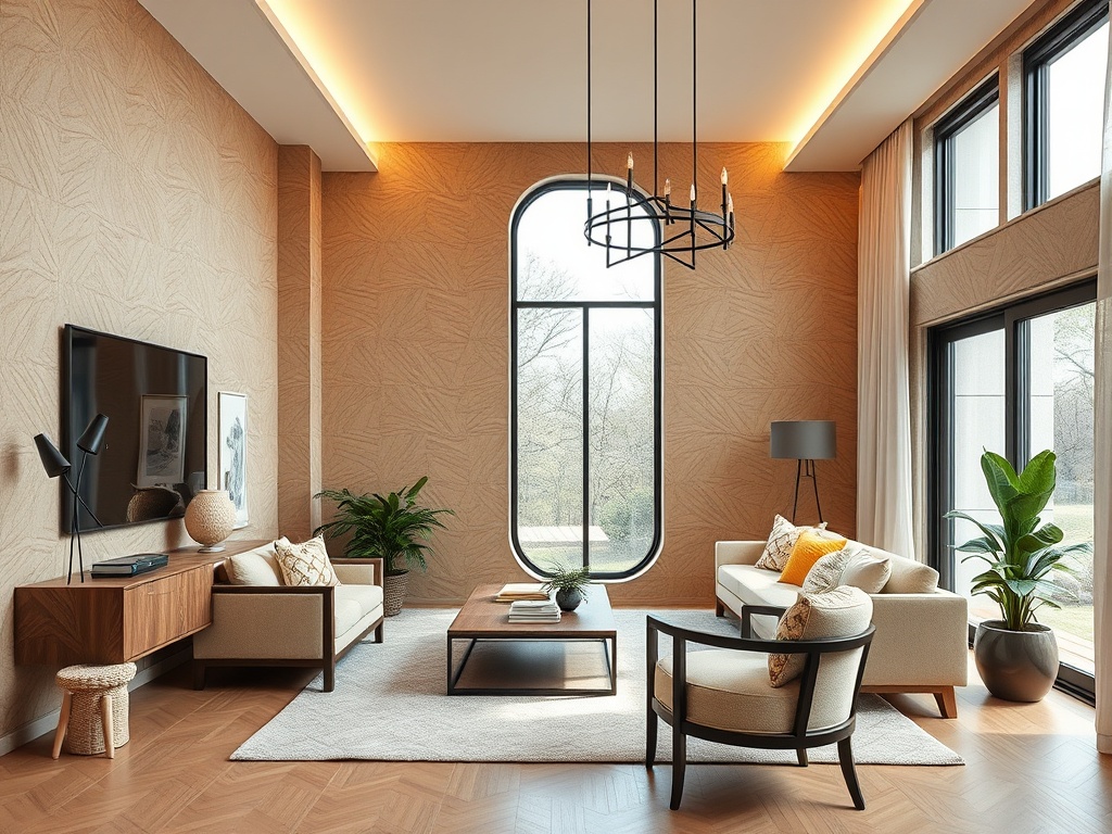 Современная гостиная с большими окнами, стильной мебелью и зелеными растениями. Теплая атмосфера и уют.