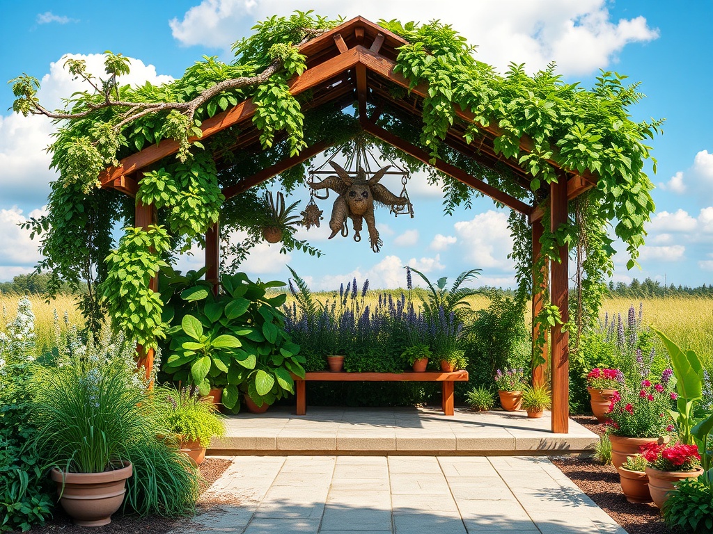 Уютный беседка, окруженная зеленью и цветами, с каменной площадкой и скамейкой для отдыха.
