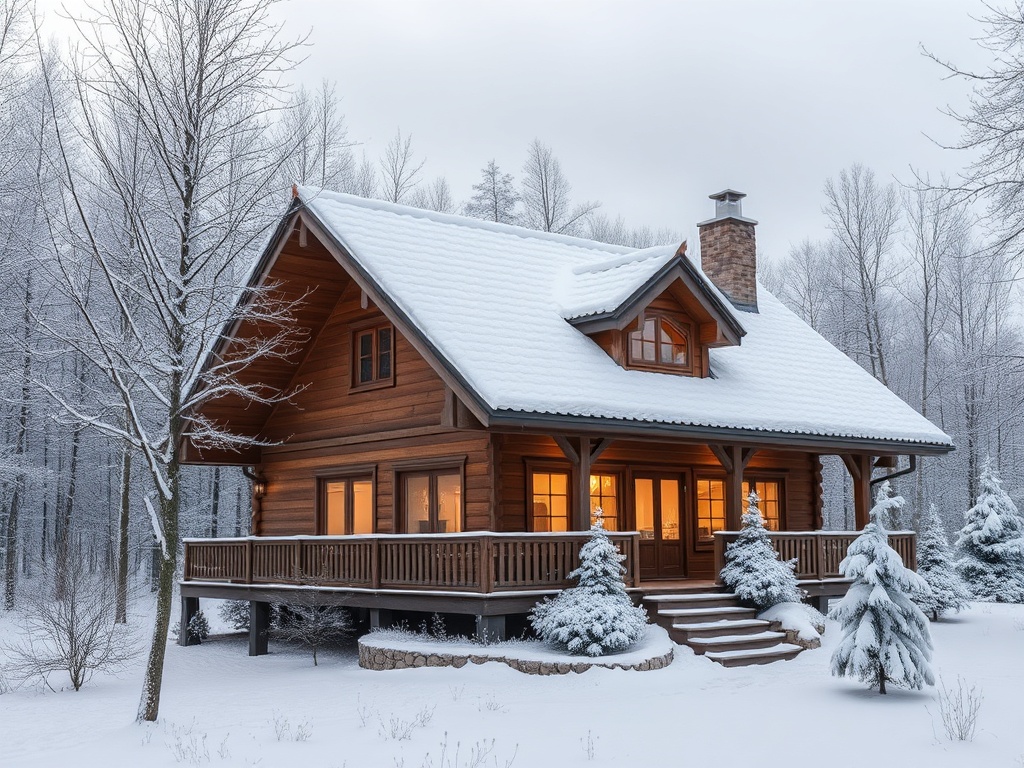 Деревянный дом со снежной крышей и окружением зимнего леса, усыпанного снегом. Теплый свет из окон.