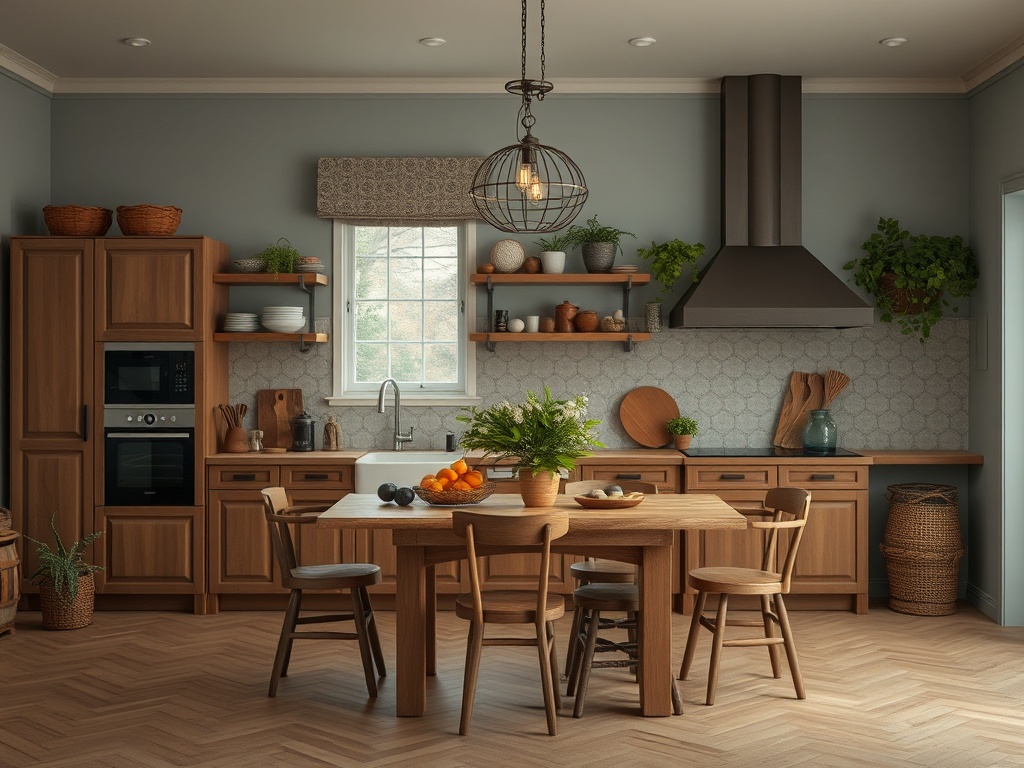 Современная кухня с деревянной мебелью, столом, стульями и растениями на полках. Светлая и уютная обстановка.