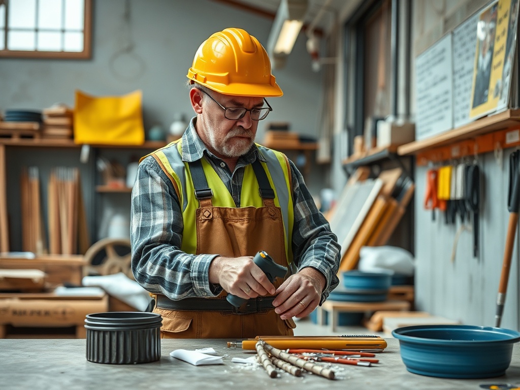 Мужчина в каске работает в мастерской, окружённый инструментами и материалами для рукоделия.