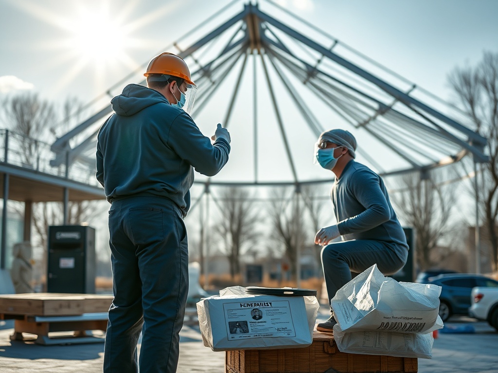 Два человека в защитных масках на строительной площадке, один стоит, другой прыгает с коробки на землю.