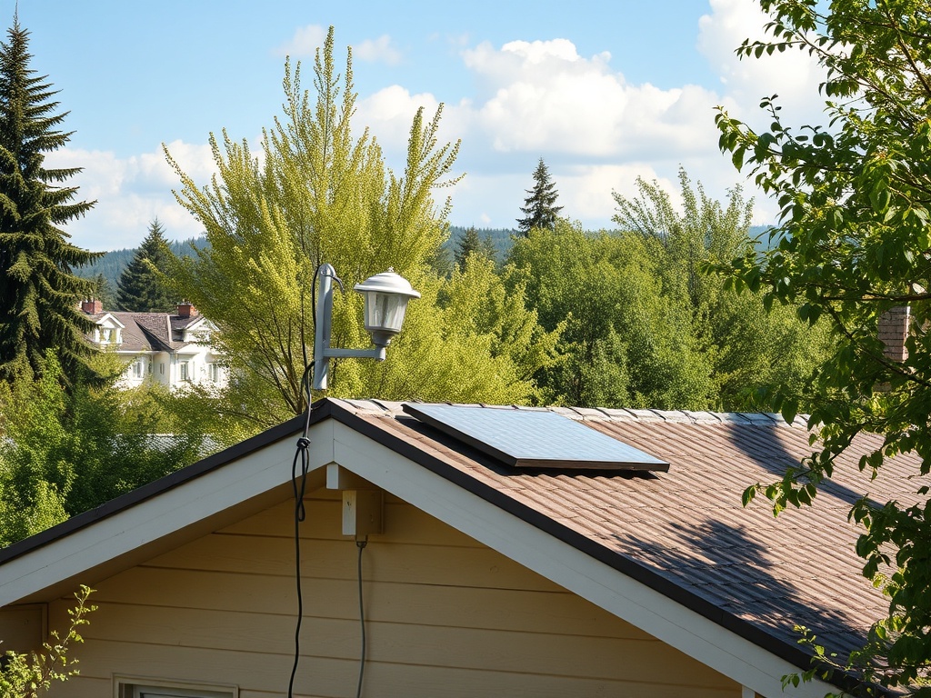 На крыше дома солнечная панель, вокруг зеленые деревья и яркое небо.