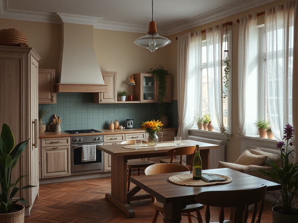 Светлая кухня с деревянной мебелью, столом и цветами на окнах, уютная атмосфера и растения вокруг.