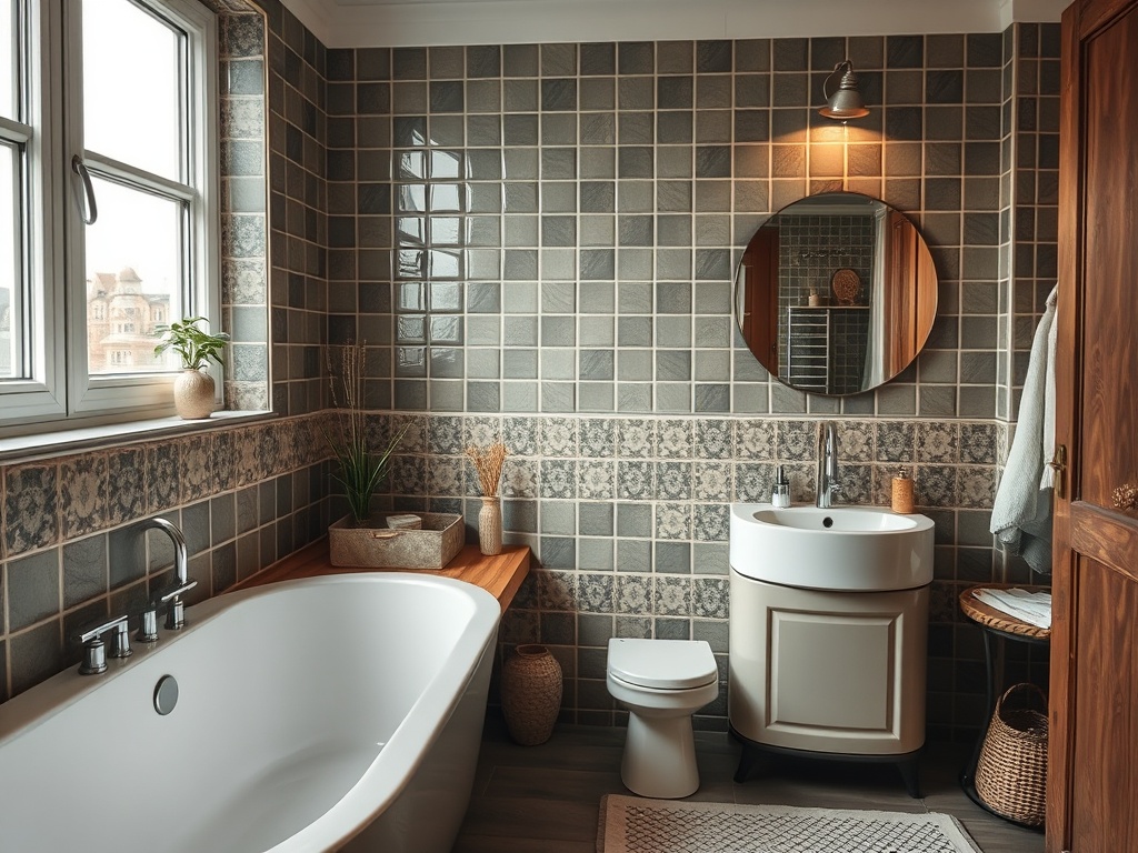 Современная ванная комната с белой ванной, окружённая серыми плитками и уютным освещением.