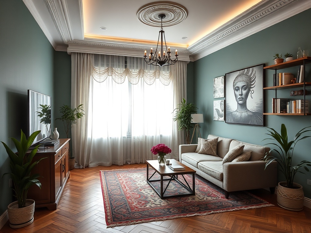 Современная гостиная с зелеными стенами, диваном, ковром и большим окном, украшенным шторами.