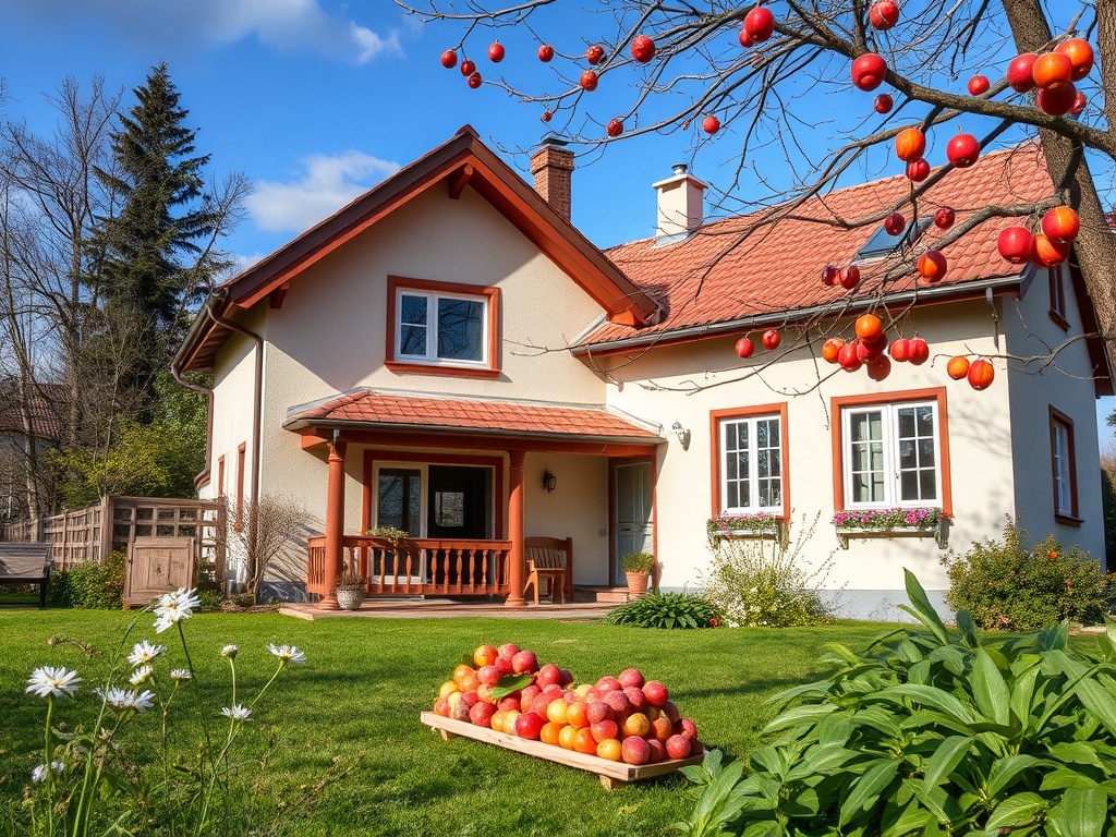 Дом с садом, окруженный зеленью, и деревянной террасой, с яблоками на траве под ярким небом.