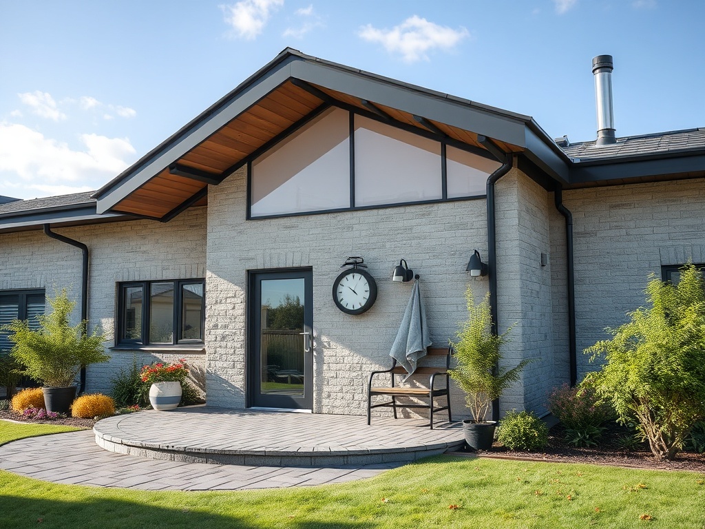 Современный дом с уютной крытой террасой, растениями и часами на стене в солнечный день.